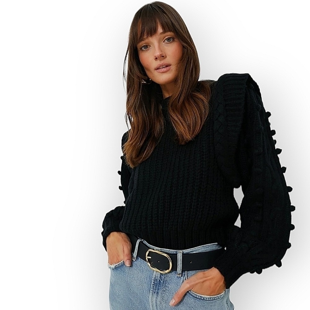Farm Rio Black Chunky Knit Braided Ballon‎ Sleeve Sweater Pullover Pom Pom  XXS